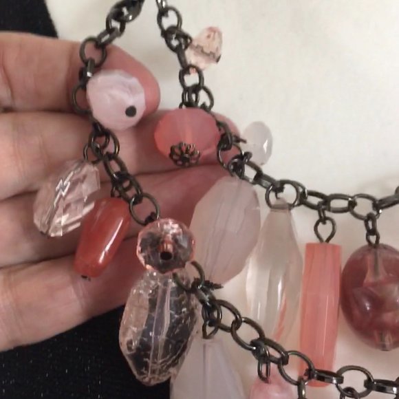 Gun Metal Silver Pink Acrylic Crystal Necklace - Picture 4 of 10